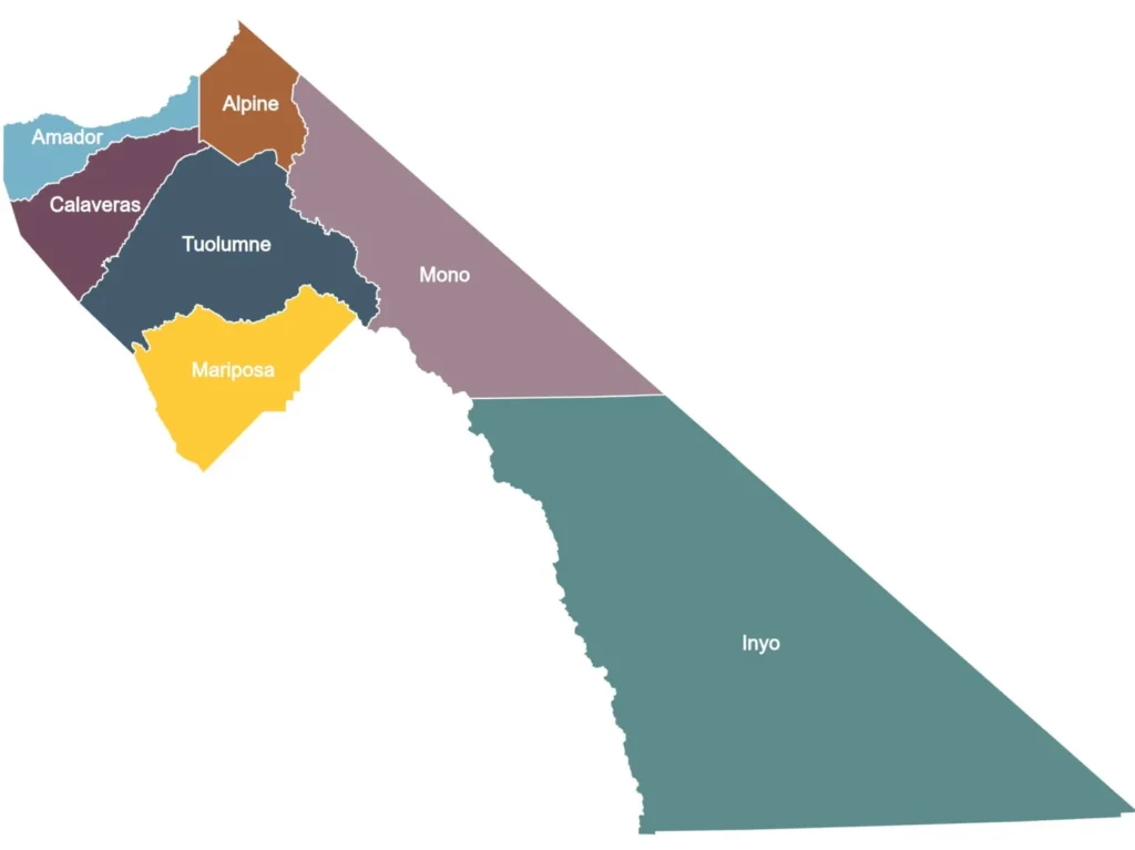 Map of Amador, Alpine, Calaveras, Tuolumne, Mono, Mariposa, and Inyo counties, highlighted in different colors.