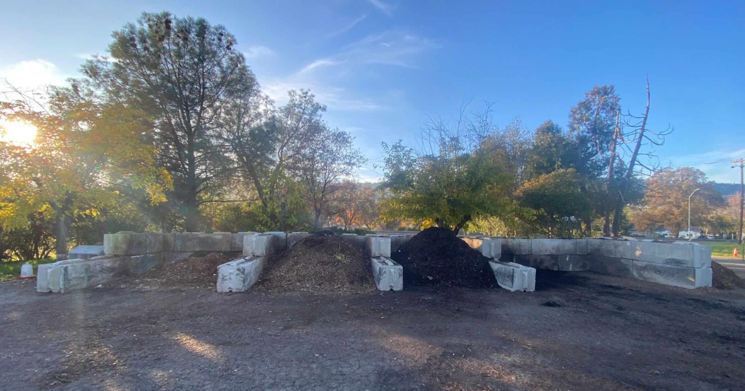 Three partially-full concrete compost bays in front of trees, grassy field.