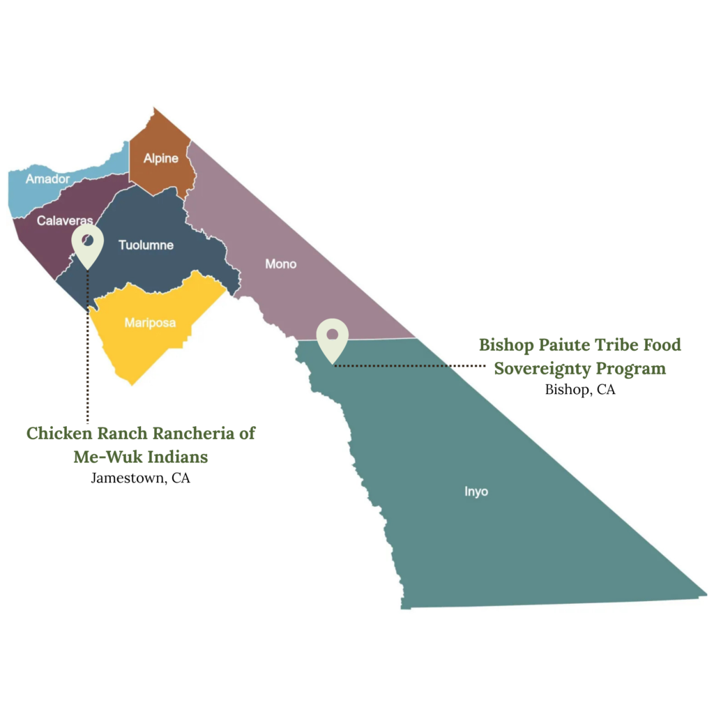 Seven county Sierra region - Amador, Alpine, Calaveras, Tuolumne, Mariposa, Mono, and Inyo. Two locations are plotted - Jamestown, CA and Bishop, CA.