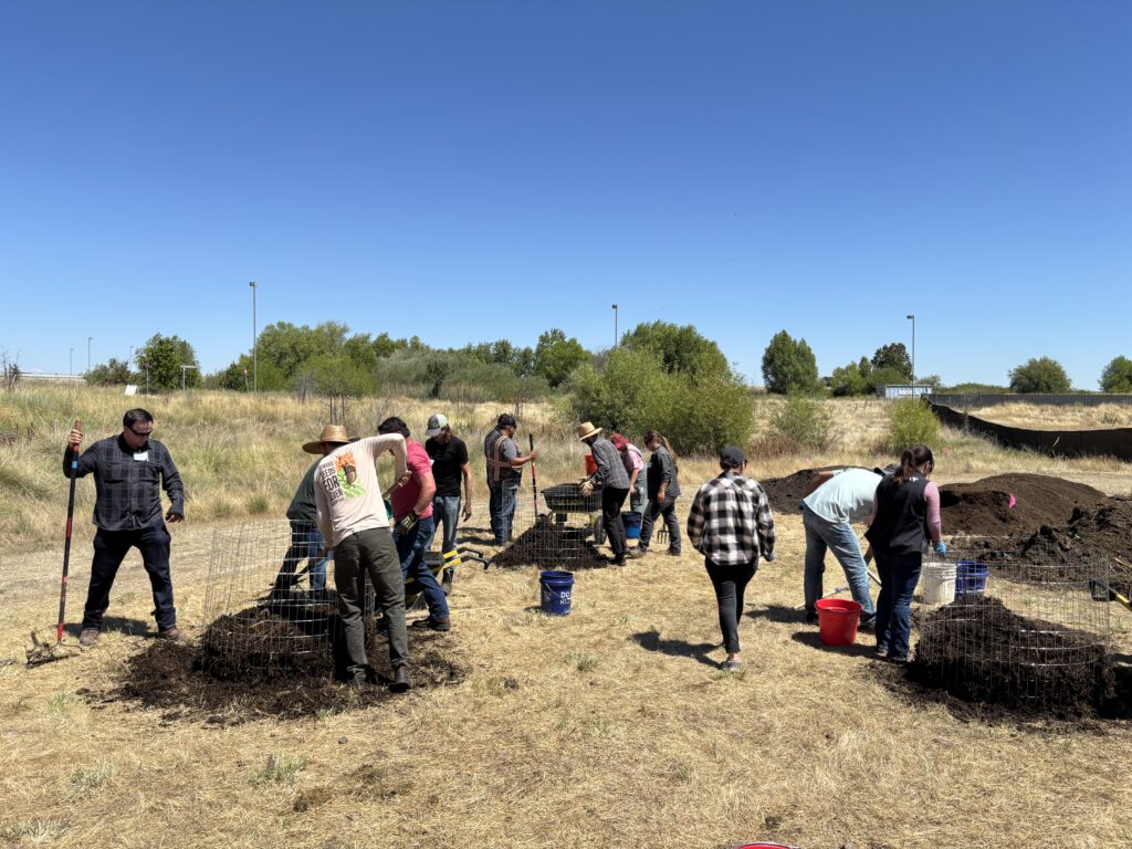 People creating compost piles in a field
