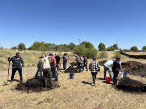 People creating compost piles in a field