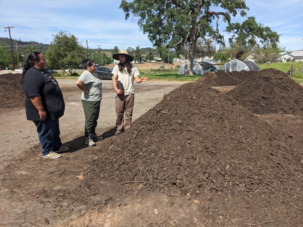 Three people next to a finished compost pile